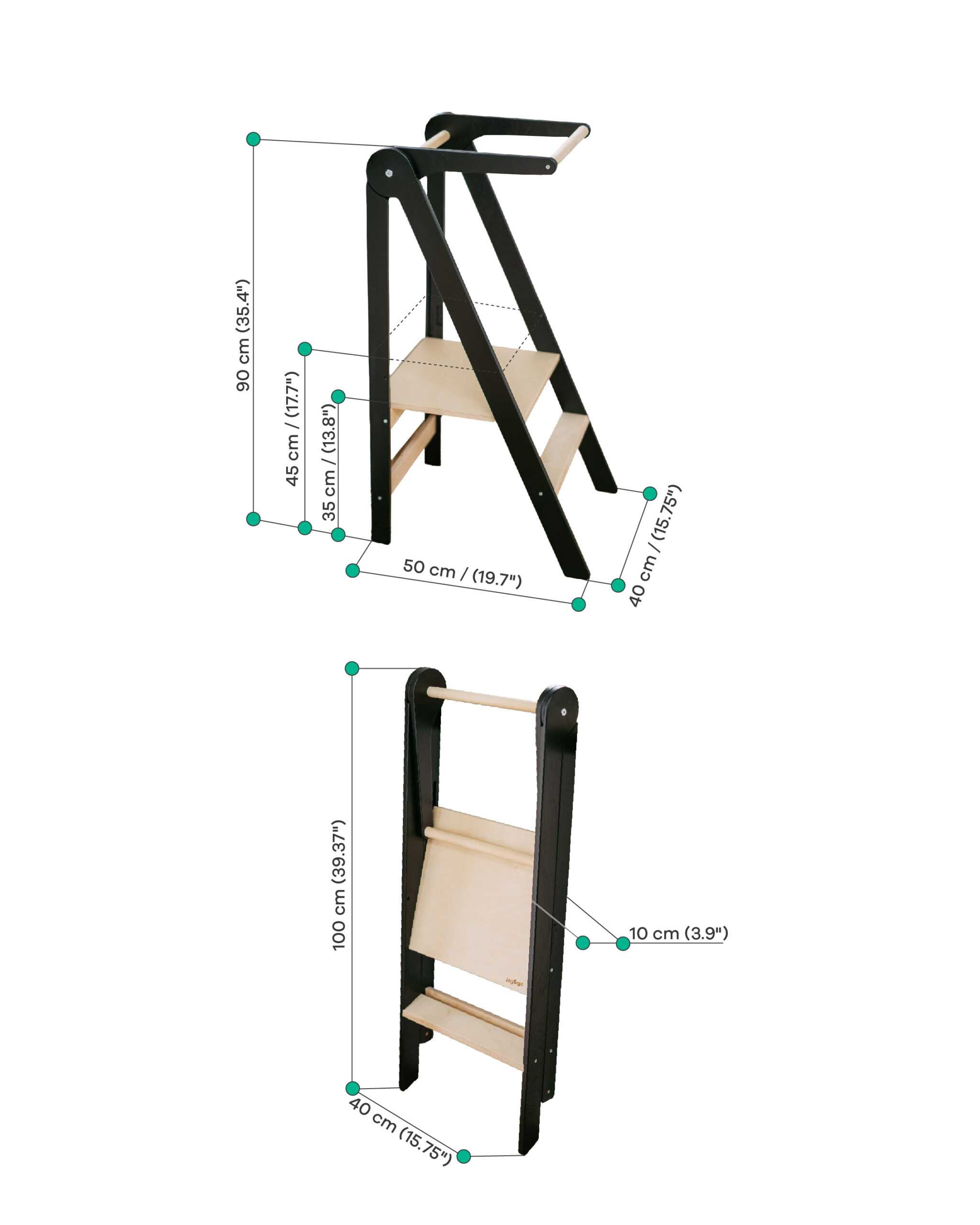 Ultra slim foldable learning tower with dimensions shown, lightweight and easy to store when folded