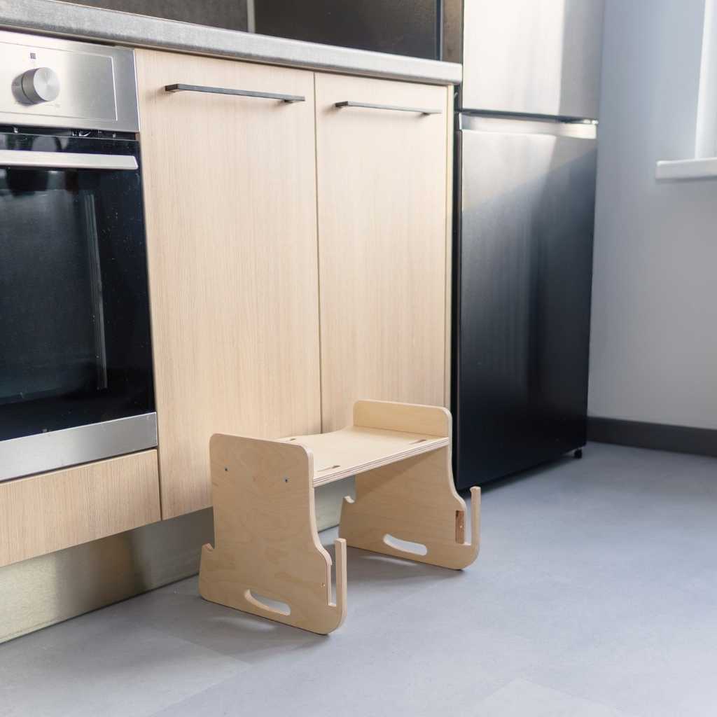 Step stool converted from a transformable kitchen tower add-on, designed for safe and independent toddler access in the kitchen.