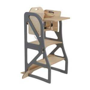 Transformable kitchen tower with high chair and tray add-on shown as a complete toddler seating and activity setup