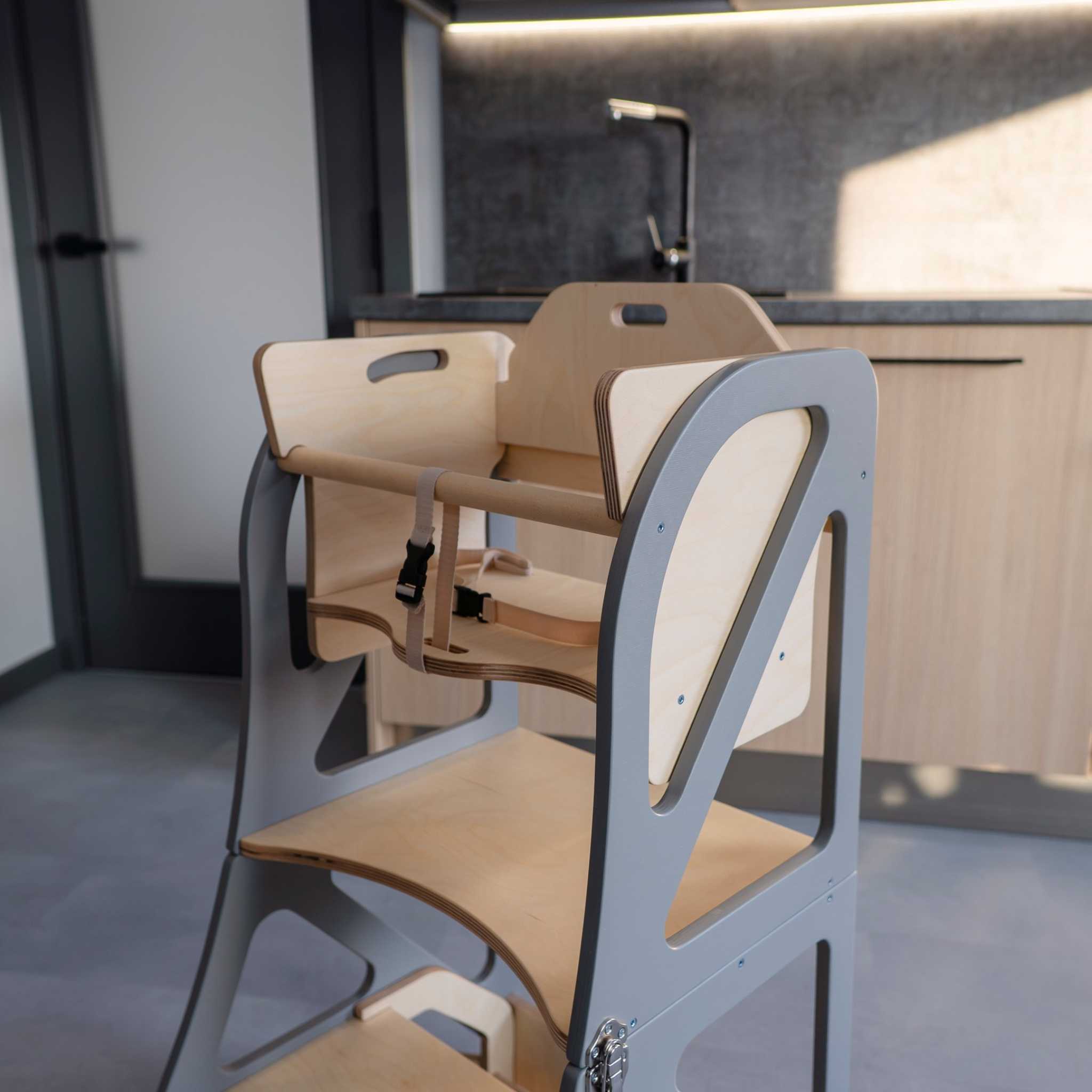 Multifunctional transformable kitchen tower with high chair add-on