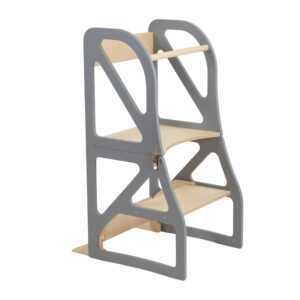 Grey transformable kitchen tower shown in standing helper tower mode