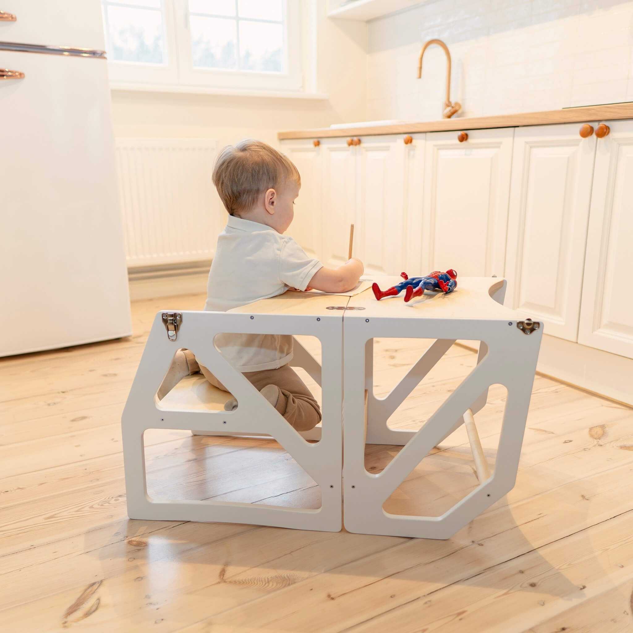 Transformable kitchen tower converted to table mode, 2-in-1 toddler table and chair set