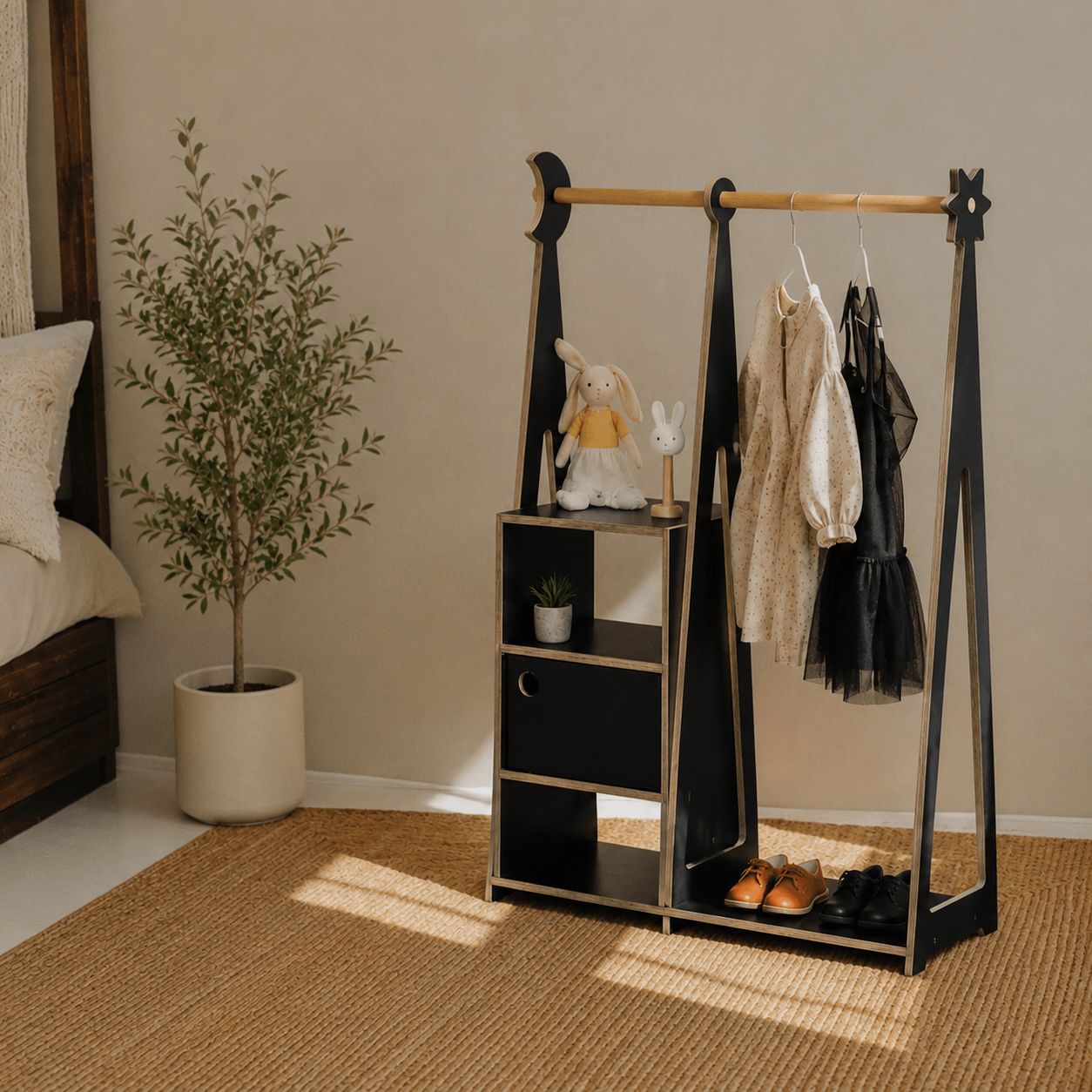 Black wooden Montessori clothing rack with open wardrobe and shoe storage