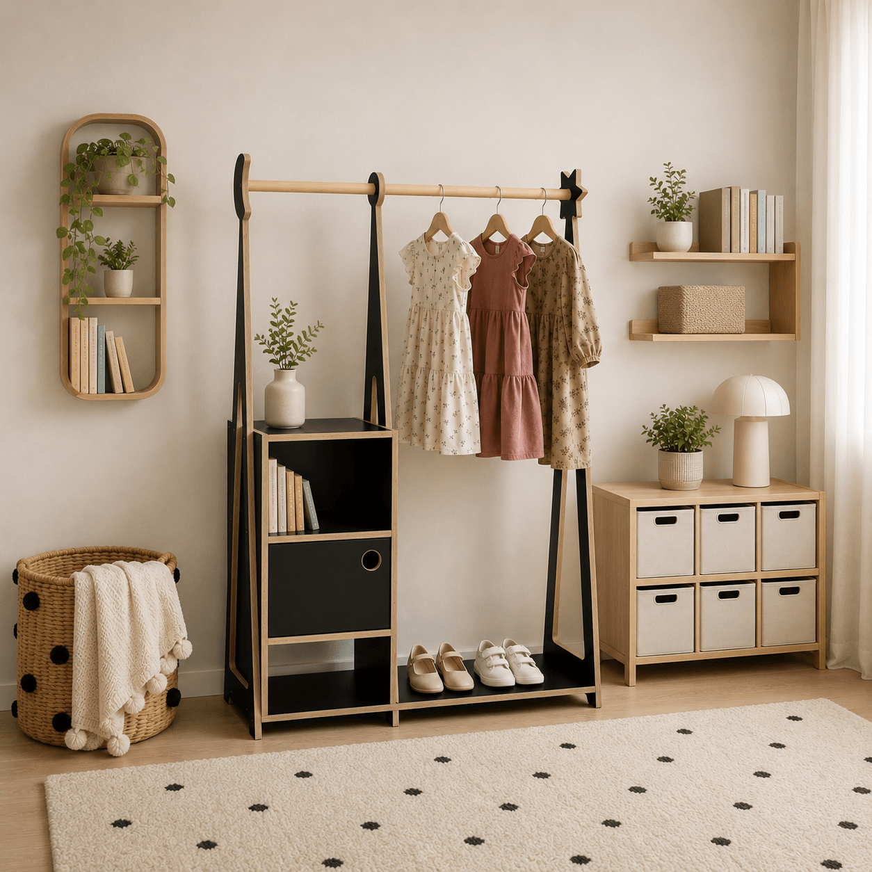 Black Montessori clothing rack with storage in a Scandinavian kids bedroom