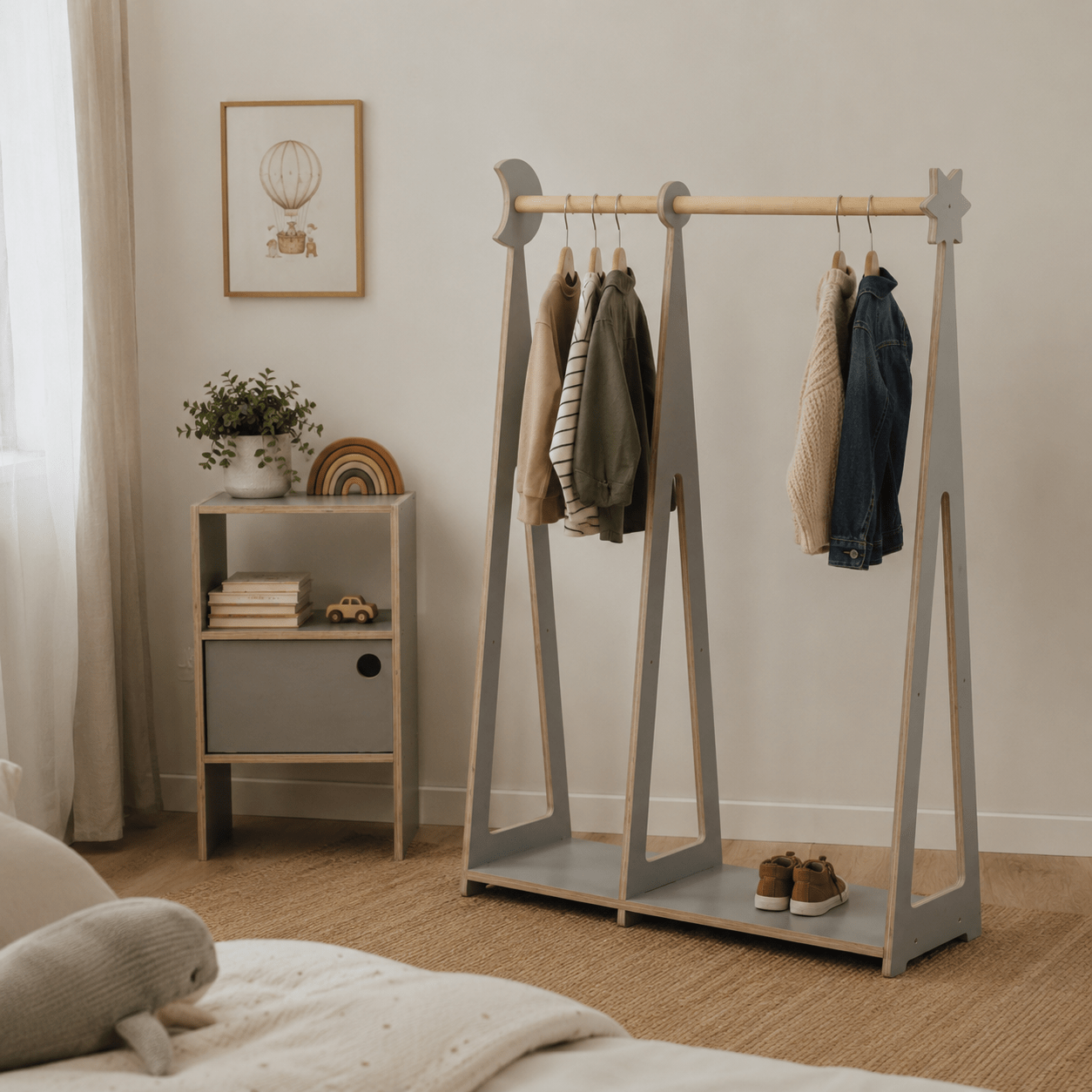 Minimalist Montessori clothing rack with hanging rail in a stylish kids room