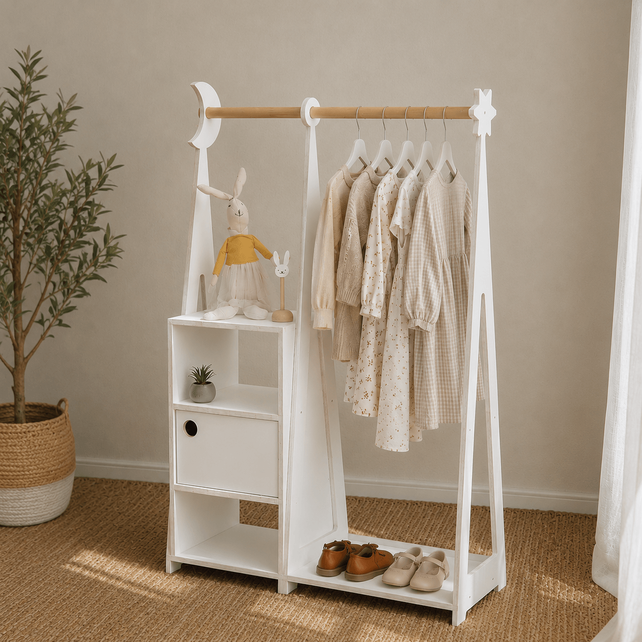 White Montessori kids wardrobe with clothing rack in a cozy children's bedroom