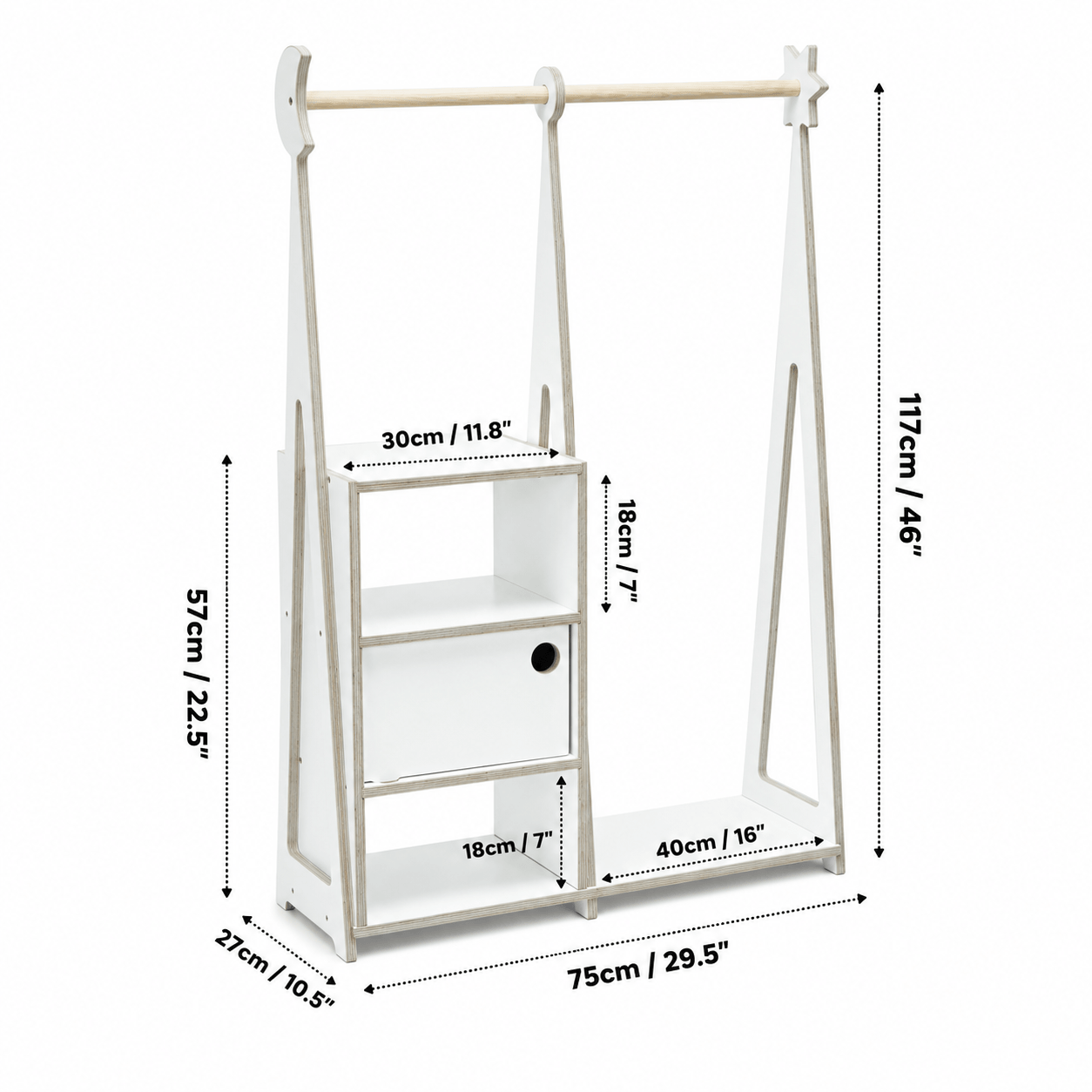 Montessori clothing rack dimensions with measurements for kids wardrobe