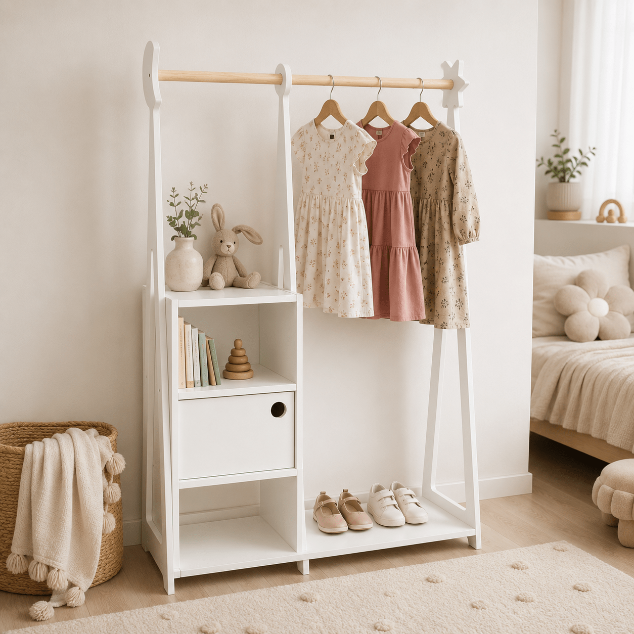Montessori kids wardrobe with clothing rack styled in a modern nursery room